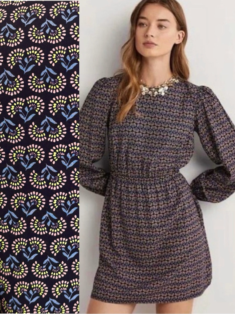 Boden Dandelion Pop Mini Dress Size 4 Floral Print Puff Long Sleeve Crew Pockets